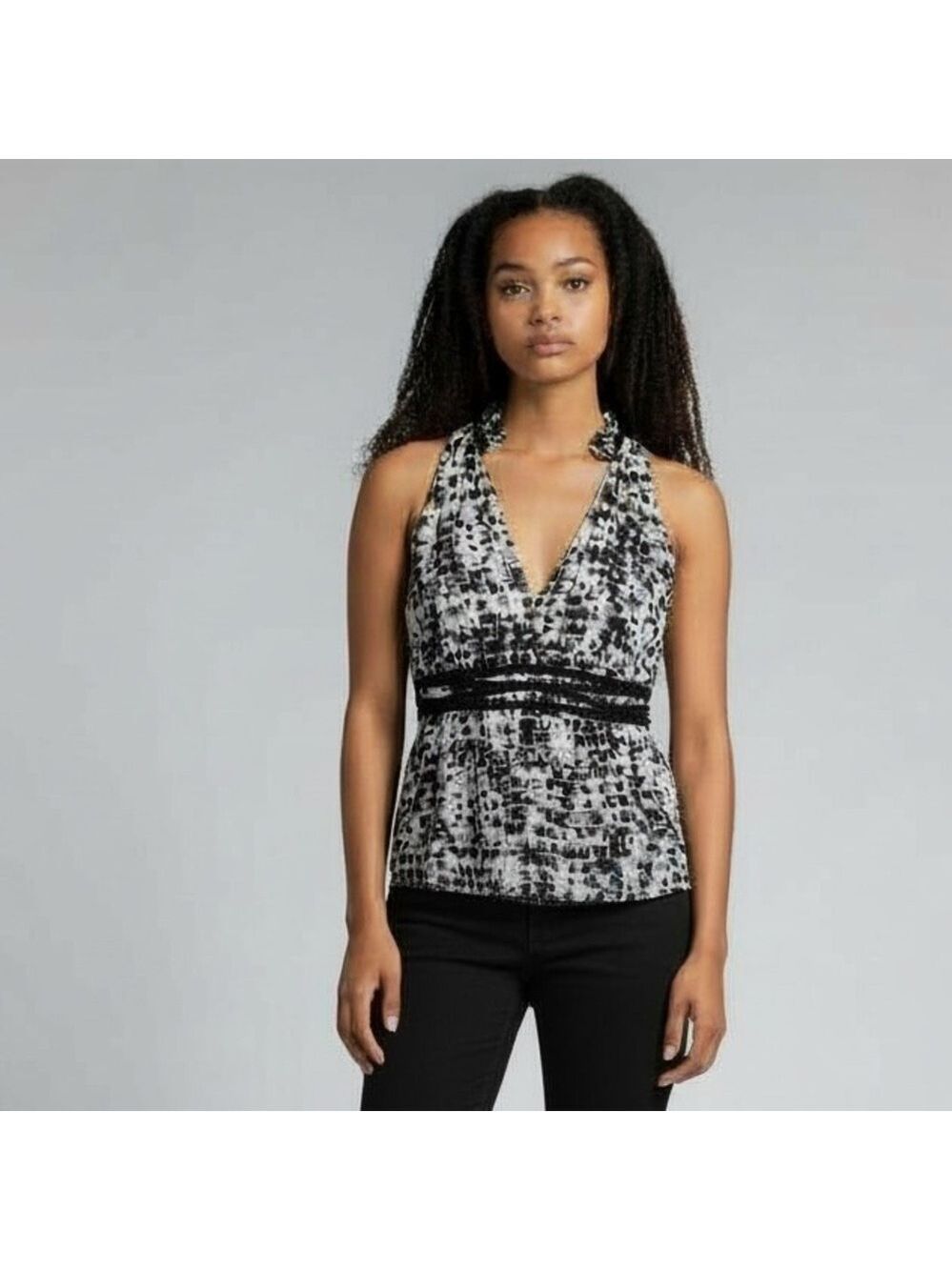 BCBGMAXAZRIA Sleeveless V-Neck Blouse Black Gray Abstract Print Silk Size XS